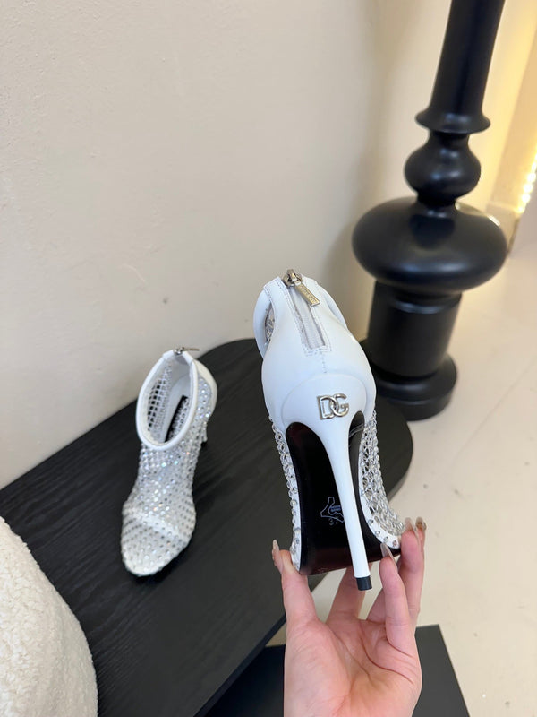 DC Pumps White Rhinestone Mesh & Sheepskin 297012