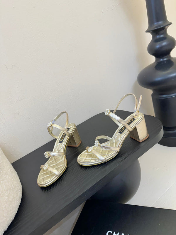 CC 25SS 3 Flowers Heel Sandals 60mm Gold Metallic Sheepskin 351433