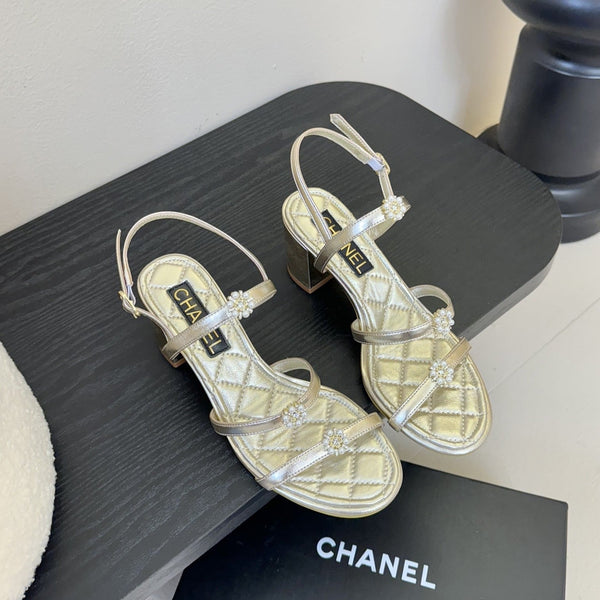 CC 25SS 3 Flowers Heel Sandals 60mm Gold Metallic Sheepskin 351433