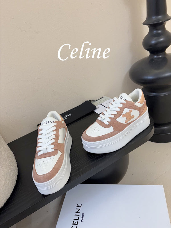Celine Block Wedge Sneaker White Tan Suede Calfskin 606413