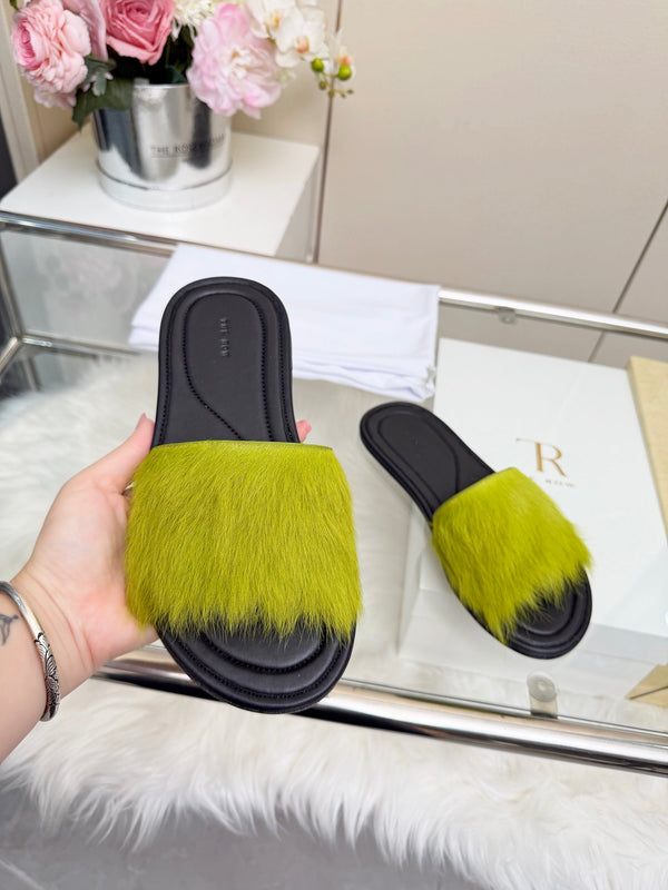 The Row Malick Fur Slide Green 707547