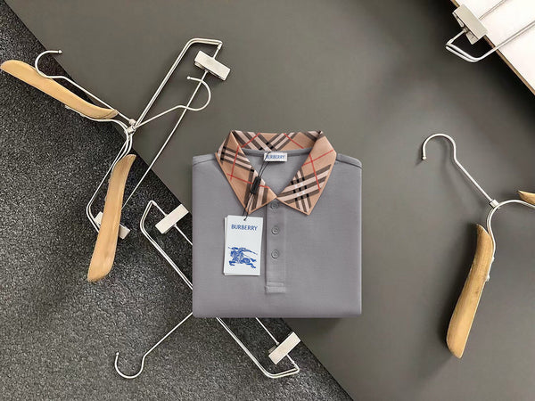 Burberry Men Check Colla Polo Shirt Grey Cotton