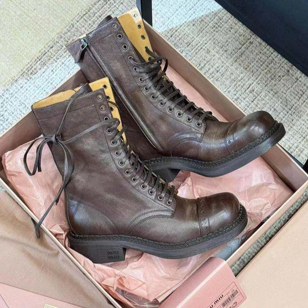 Stivali stringati in pelle marrone cacao Miu