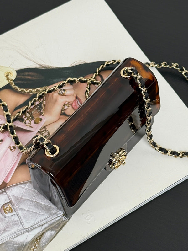Chanel 2026 Mini Evening Bag 12cm Black Tortoiseshell-patterned Plexi Gold Metal