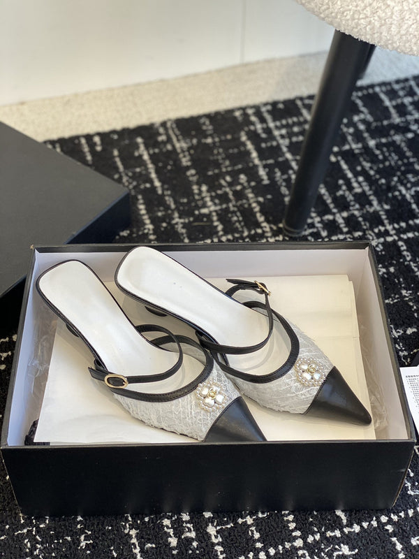 mule sandal white tweed black lambskin
