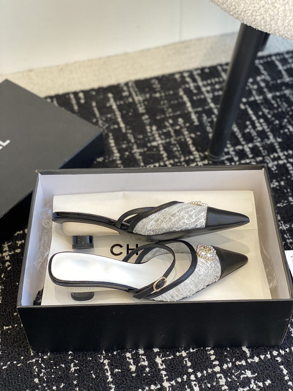 mule sandal white tweed black lambskin