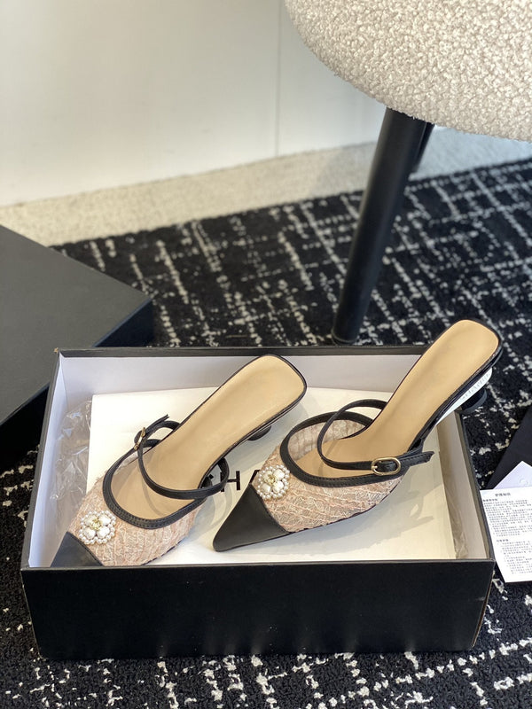 mule sandal beige tweed black lambskin