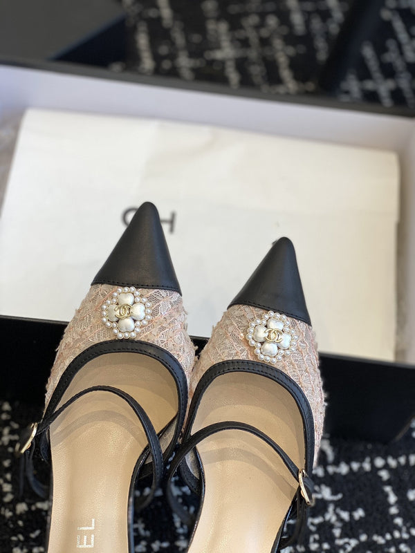 mule sandal beige tweed black lambskin