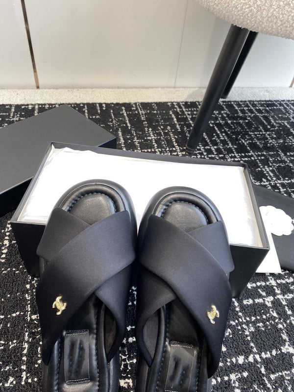 cross puffy slipper black lycra fabric