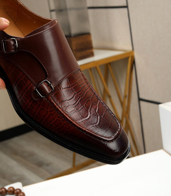 HM DOUBLE MONK STRAP RUSSET WITH CROCODILE MOTIF CALFSKIN
