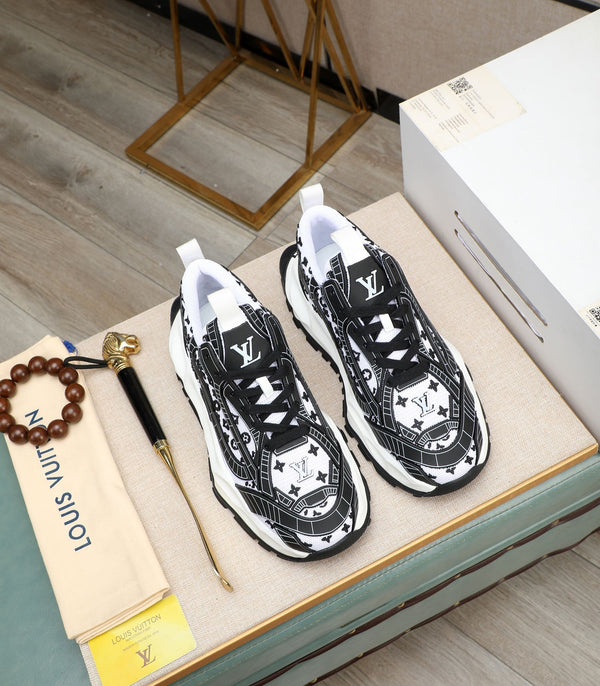 LV TRAINER BIANCO MIX NERO PELLE DI VITELLO E RETE TRASPIRANTE
