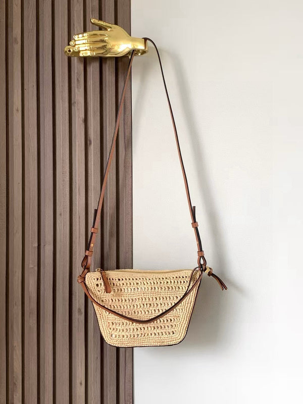 Loe Ibiza Mini Hammock Hobo Bag Brown Beige Raffia Leather 289314
