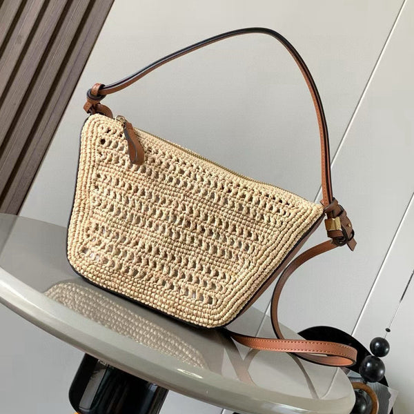 Loe Ibiza Mini Hammock Hobo Bag Brown Beige Raffia Leather 289314