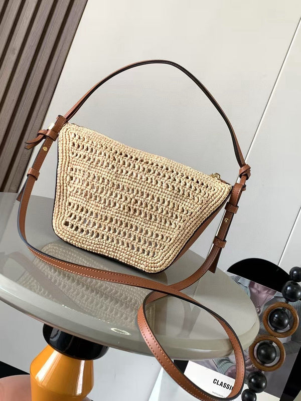Loe Ibiza Mini Hammock Hobo Bag Brown Beige Raffia Leather 289314