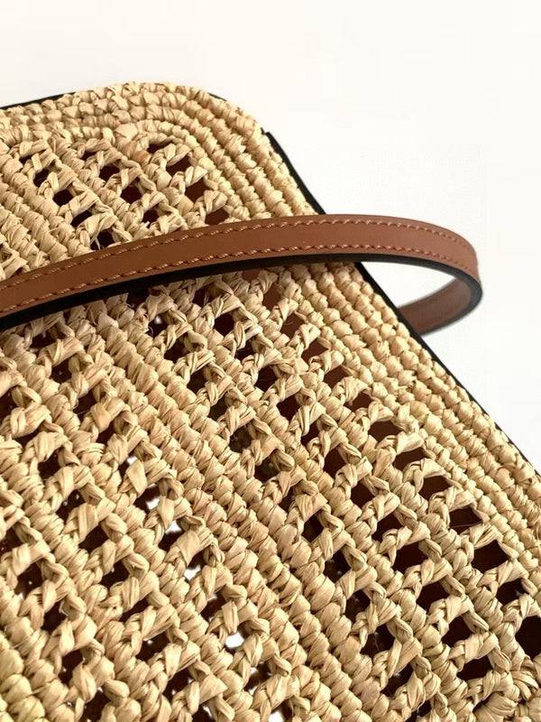 Loe Ibiza Mini Hammock Hobo Bag Brown Beige Raffia Leather 289314