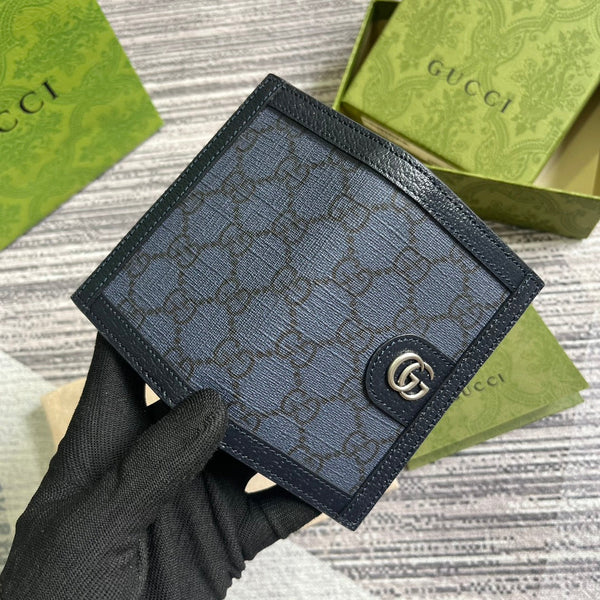 PORTA CARTE OPHIDIA GG 12 IN TELA BLU SCURO E PELLE DI VITELLO NERA
