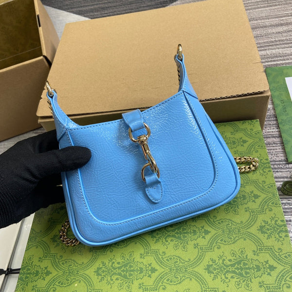BORSA MINI JACKIE NOTTE 19 IN PELLE DI VITELLO LACCATA SCREPOLATA BLU OCEANO CON FERRAMENTA ORO
