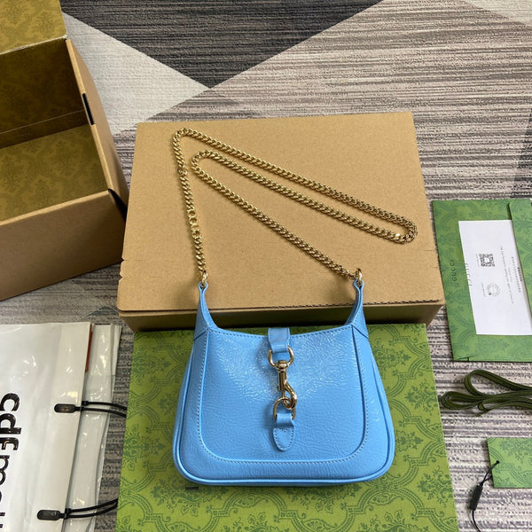 BORSA MINI JACKIE NOTTE 19 IN PELLE DI VITELLO LACCATA SCREPOLATA BLU OCEANO CON FERRAMENTA ORO