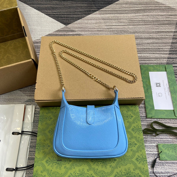 BORSA MINI JACKIE NOTTE 19 IN PELLE DI VITELLO LACCATA SCREPOLATA BLU OCEANO CON FERRAMENTA ORO