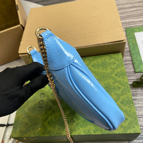 BORSA MINI JACKIE NOTTE 19 IN PELLE DI VITELLO LACCATA SCREPOLATA BLU OCEANO CON FERRAMENTA ORO