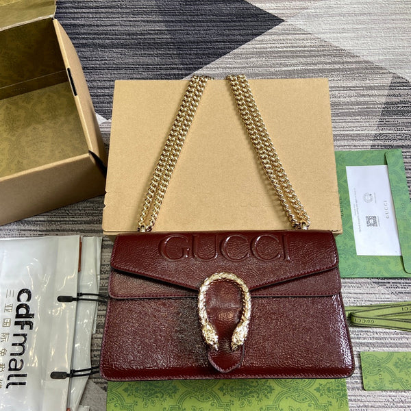 BORSA A TRACOLLA PICCOLA DYONYSUS 28 IN PELLE DI VITELLO GOFFRATA LACCATA ROSSO VINO, FERRAMENTA IN ARGENTO