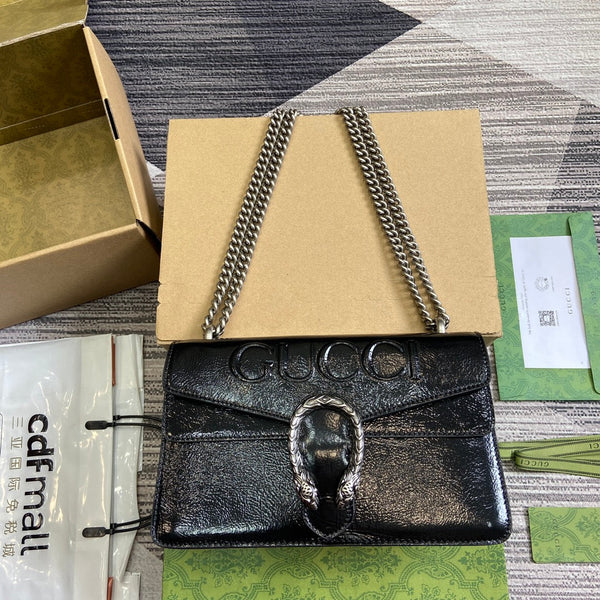 BORSA A TRACOLLA PICCOLA DYONYSUS 28 IN PELLE DI VITELLO GOFFRATA LACCATA NERA, FERRAMENTA IN ARGENTO