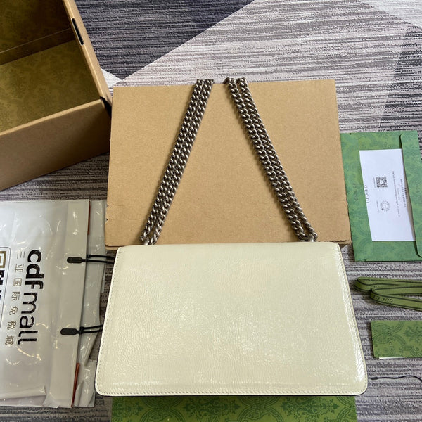 BORSA A TRACOLLA PICCOLA DYONYSUS 28 IN PELLE DI VITELLO GOFFRATA LACCATA BIANCA, FERRAMENTA ARGENTO
