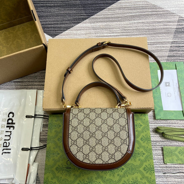 BORSA MINI HORSEBIT 1955 CON MANICO SUPERIORE 18 IN TELA BEIGE E PELLE DI VITELLO MARRONE, FERRAMENTA ORO