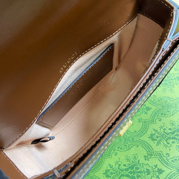 BORSA MINI HORSEBIT 1955 CON MANICO SUPERIORE 18 IN TELA BEIGE E PELLE DI VITELLO MARRONE, FERRAMENTA ORO