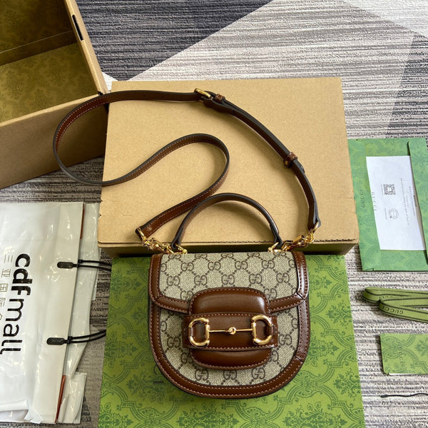 BORSA MINI HORSEBIT 1955 CON MANICO SUPERIORE 18 IN TELA BEIGE E PELLE DI VITELLO MARRONE, FERRAMENTA ORO