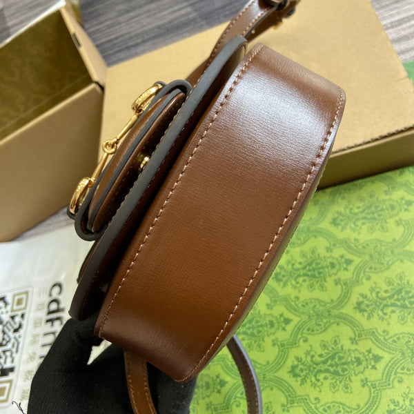 BORSA MINI HORSEBIT 1955 CON MANICO SUPERIORE 18 IN TELA BEIGE E PELLE DI VITELLO MARRONE, FERRAMENTA ORO