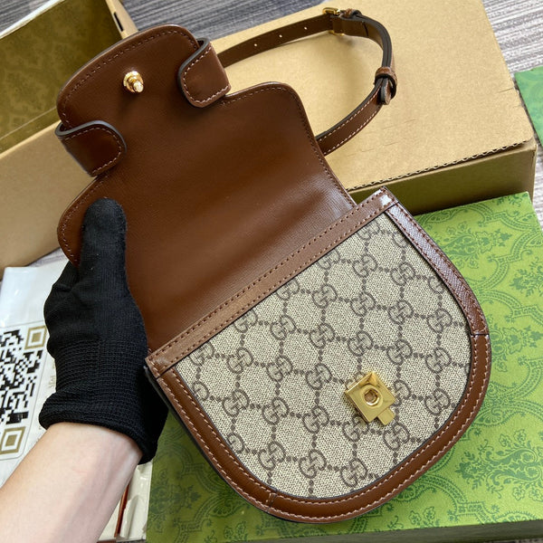 BORSA MINI HORSEBIT 1955 CON MANICO SUPERIORE 18 IN TELA BEIGE E PELLE DI VITELLO MARRONE, FERRAMENTA ORO
