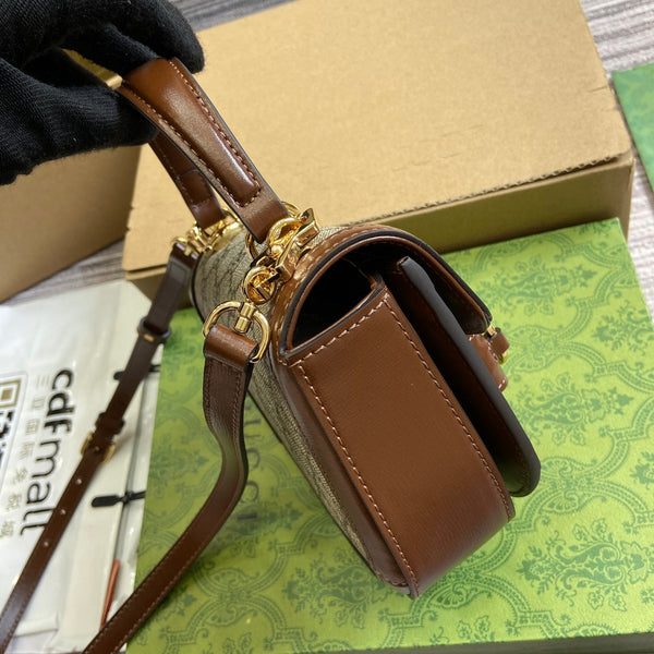BORSA MINI HORSEBIT 1955 CON MANICO SUPERIORE 18 IN TELA BEIGE E PELLE DI VITELLO MARRONE, FERRAMENTA ORO