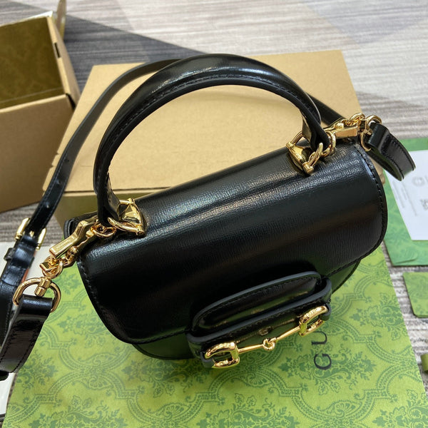 BORSA MINI CON MANICO SUPERIORE HORSEBIT 1955 18 IN PELLE DI VITELLO NERA E FERRAMENTA ORO