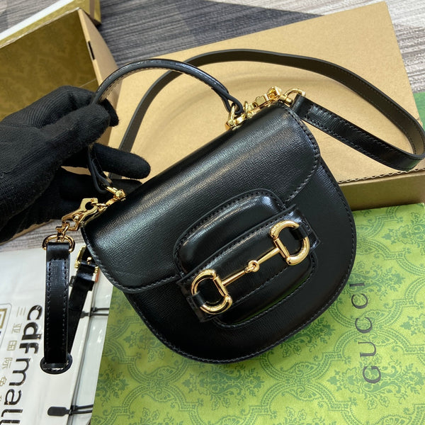 BORSA MINI CON MANICO SUPERIORE HORSEBIT 1955 18 IN PELLE DI VITELLO NERA E FERRAMENTA ORO