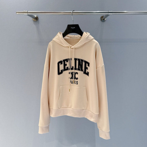 Felpa con cappuccio e logo Celine 25 Letter in misto cotone beige e nero