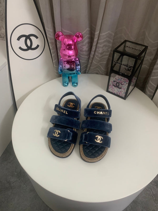CC 26s Strappy Sandals In Navy Blue Velvet With Rope Sole Gold Hardware