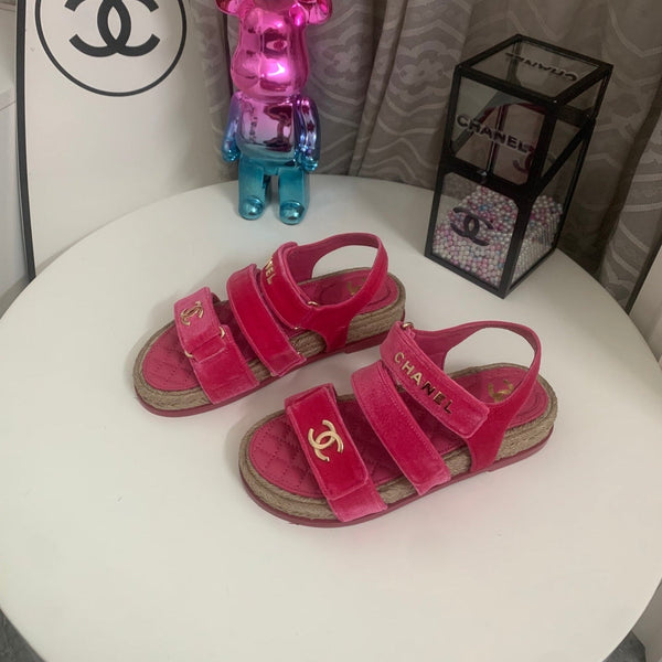 CC 26s Strappy Sandals In Pink Velvet With Rope Sole Gold Hardware