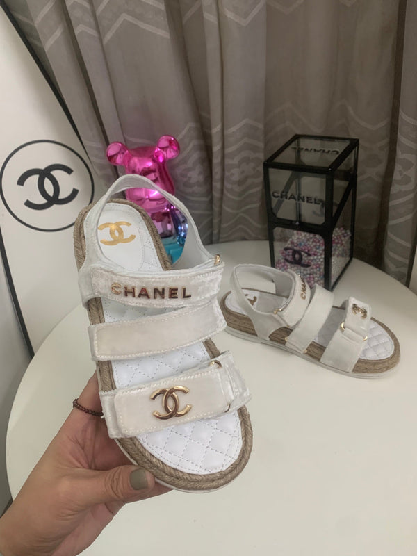 CC 26s Strappy Sandals In White Velvet With Rope Sole Gold Hardware