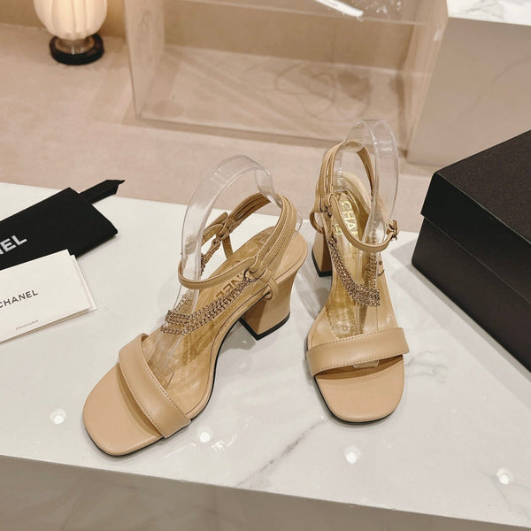 Double C Leather High Heel Sandals Beige Cream