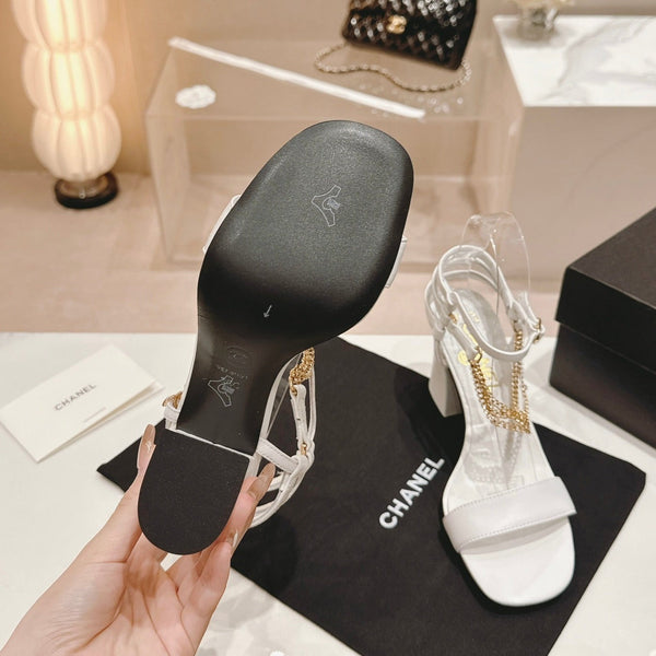 Double C Leather High Heel Sandals White