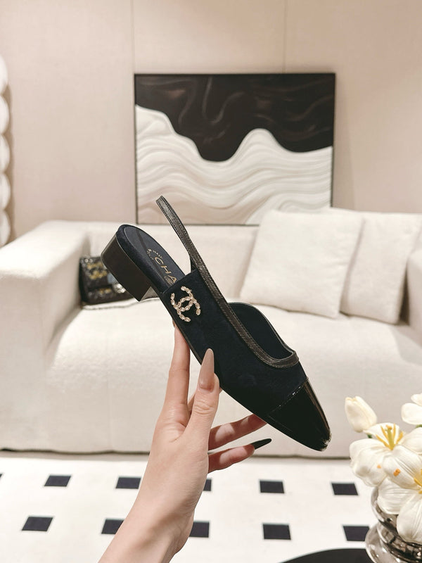 cc 2024k slingback 30mm dark blue suede black pattern calfskin 237501