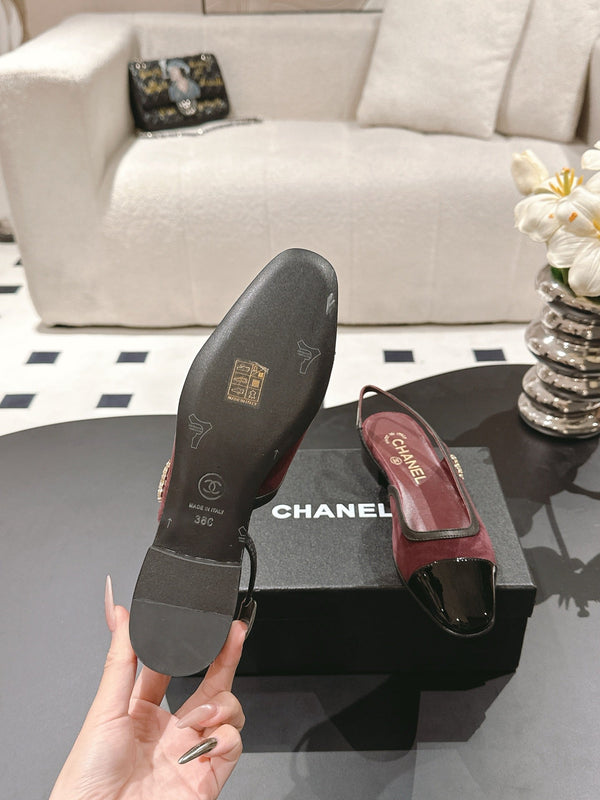 cc 2024k slingback 30mm burgundy suede black pattern calfskin 237502