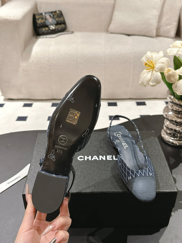 cc 25c slingback flat 15mm cross line pattern dark blue denim 237486