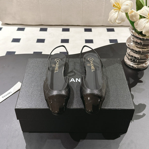 cc 25c slingback flat 15mm cross line pattern black lambskin 237492