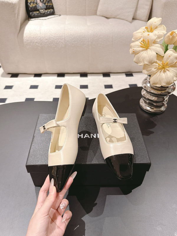 CC 25B Small Bow Buckle Ballet Flats 10mm Black Beige Sheepskin Patent Leather 415749