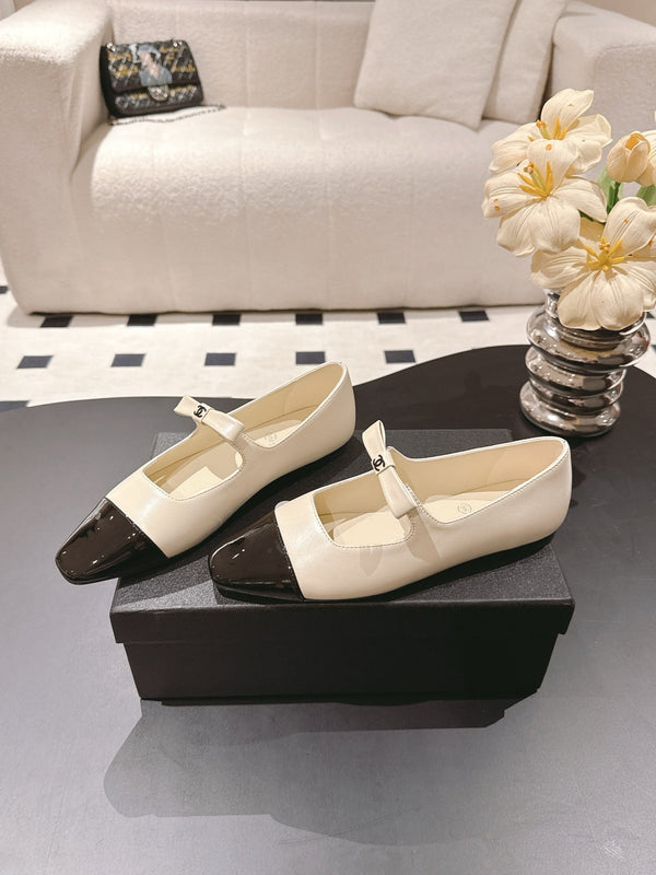 CC 25B Small Bow Buckle Ballet Flats 10mm Black Beige Sheepskin Patent Leather 415749