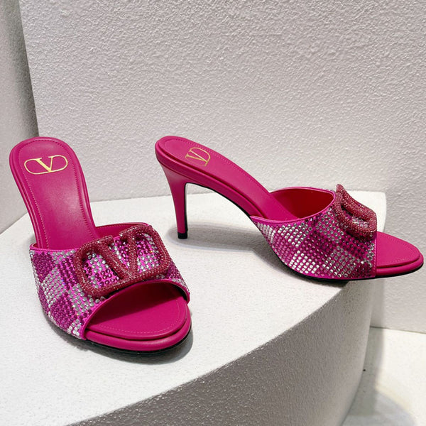 Sandali con tacco alto VT in pelle di pecora rosa fucsia 292836