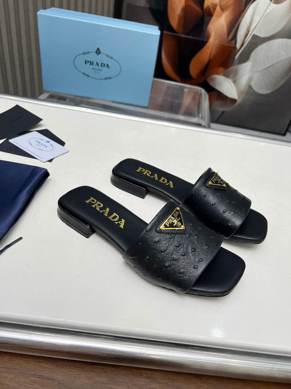 Prad 26s Slide Sandals Black Ostrich Leather 140501