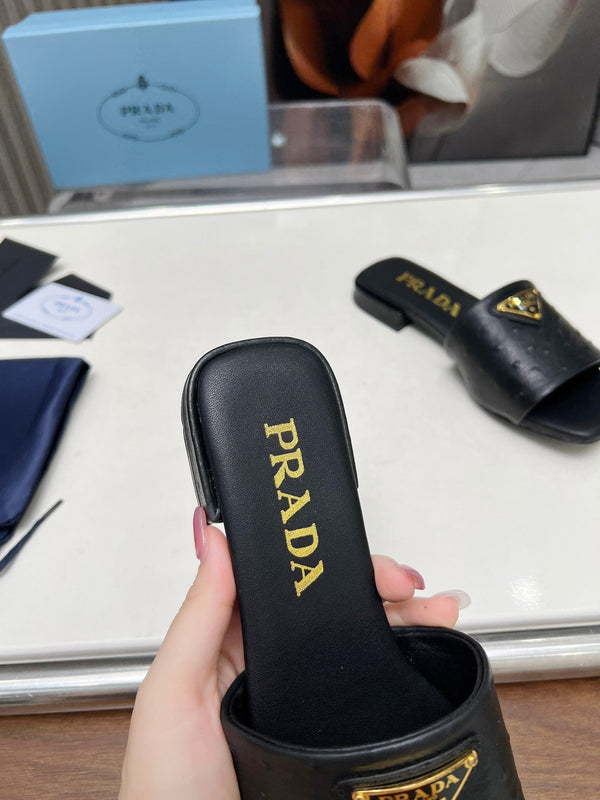 Prad 26s Slide Sandals Black Ostrich Leather 140501